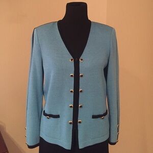 St. John Aqua Blue Knit Blazer with Black Trim & Gold Buttons